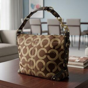 Vintage Signature Brown Shoulder Bag Gold Hardware Y2K